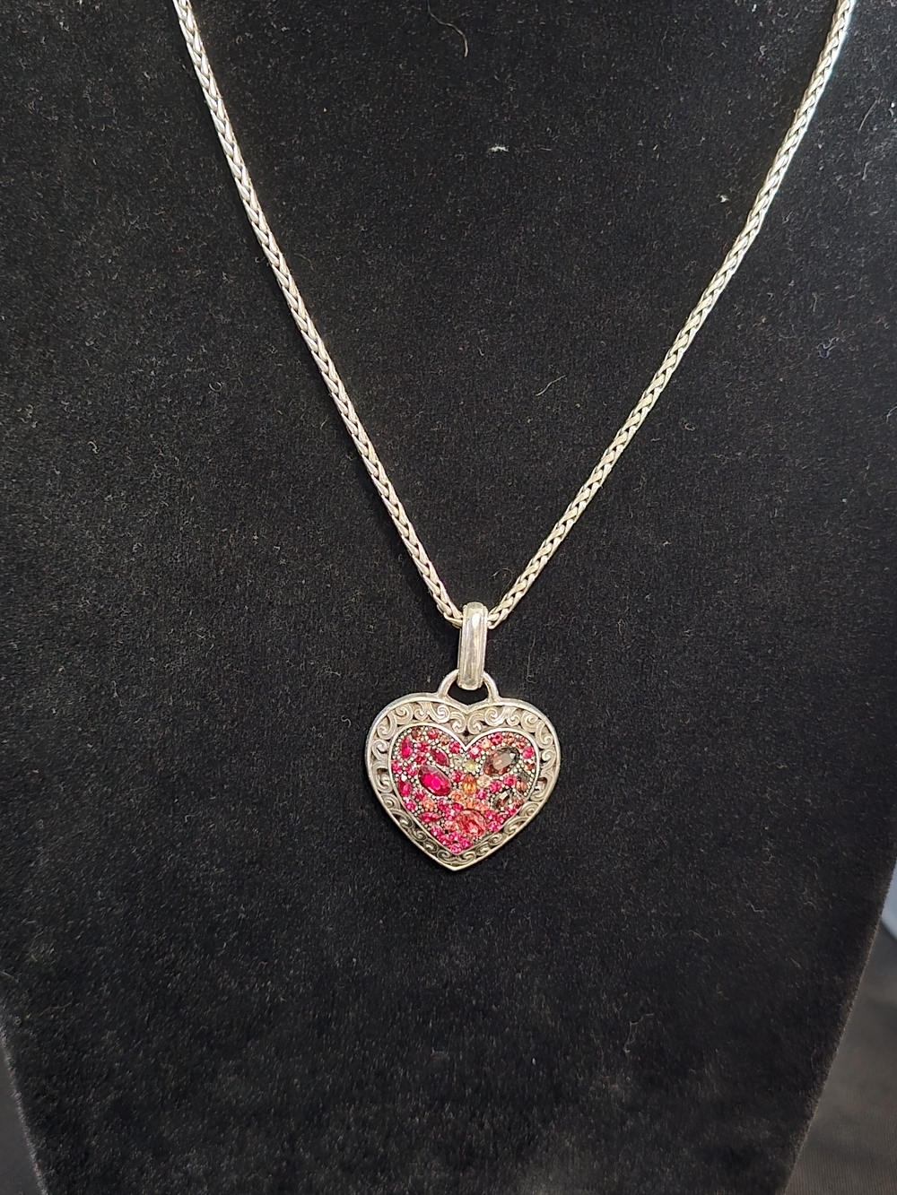 Retired Brighton "Crystal Voyage" Heart Pendant Necklace in Red Berry Hues.
